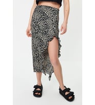 Moda Yırtmaçlı Animal Desen Günlük Maxi Boy Yırtmaçlı Volanlı Örme Etek