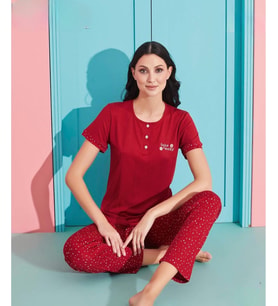 Pijamoni Kadın Viskoz Likralı Düğme Yaka Kaşkorse Patlı Kısa Kol Pijama Takımı 5520-3 / 1 Adet (Kırmızı)
