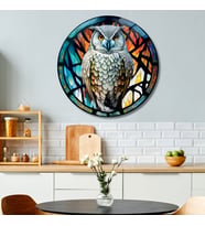 Yuvarlak Temperli Gerçek Cam Tablo Baykuş Görselli Vitray