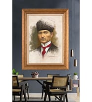 Altın Varaklı Çerçeveli Paspartulu Atatürk Tablo nh100 (Gold)