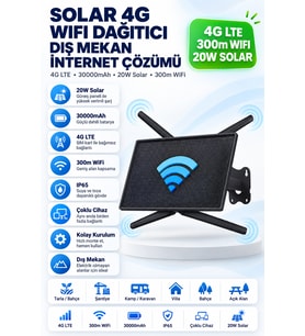 Solar 4G LTE WiFi Dağıtıcı Router – 20W Güneş Paneli, 30.000mAh Batarya 300m Kapsama