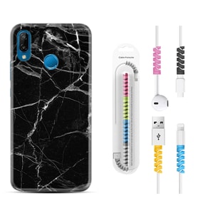 Huawei P20 Lite Mate 10 20 Lite Pro P40 Lite KılıfKablo Koruma Spiral Silikon Fragile Black Mermer 1378