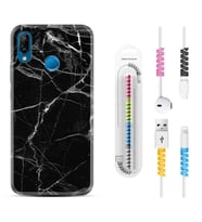 Huawei P20 Lite Mate 10 20 Lite Pro P40 Lite KılıfKablo Koruma Spiral Silikon Fragile Black Mermer 1378
