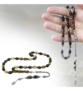 Ateş Kehribar Tesbih - 925 Ayar Gümüş Püsküllü - Siyah Beyaz Renk - Arpa Kesim