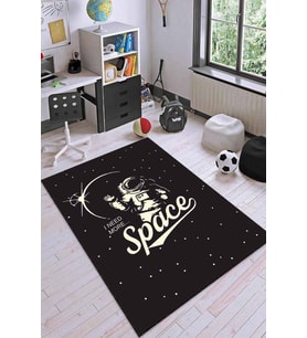 Siyah Kaymaz Taban Uzay Tema Astronotlu Çocuk Halısı AR1158