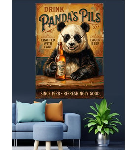 Bira İçen Panda Retro Afiş Dekoratif Kanvas - Mdf Ahşap Tablo