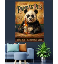 Bira İçen Panda Retro Afiş Dekoratif Kanvas - Mdf Ahşap Tablo