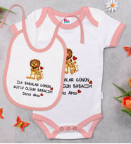 BK Kids Kişiye Özel İlk Babalar Günü Tasarımlı Pembe Bebek Body Zıbın ve Mama Önlüğü Hediye Seti