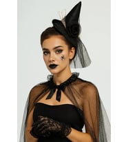 Halloween Cadılar Bayramı Taç Mini Cadı Şapkalı Tüllü Güllü Siyah