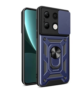 Xiaomi Redmi Note 13 4G Kılıf Yüzüklü Standli Sürgülü Kamera Korumalı Tank Sert Silikon Kapak (Mavi)