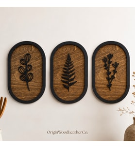 Minimalist Ahşap Yaprak Duvar Süsü 3 Parça Dekoratif Tablo