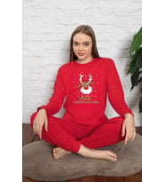 Penye Kırmızı Geyikli Pijama Takımı