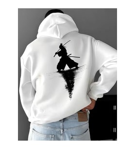 Unisex Beyaz Oversize Hoodie Savaşçı Silüet Baskılı