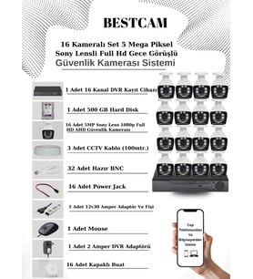 BESTCAM 16 Kameralı Set 5 Mega Piksel Sony Lensli FULL HD Gece Görüşlü Güvenlik Kamera Seti 500 GB Hard disk