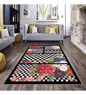 Dama Zeminli Çiçek Desenli Geometrik Dijital Baskı Yıkanabilir Kaymaz Taban Modern Salon Halısı (Çok Renkli)