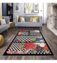 Dama Zeminli Çiçek Desenli Geometrik Dijital Baskı Yıkanabilir Kaymaz Taban Modern Salon Halısı (Çok Renkli)