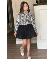 Kız Çocuk Bisiklet Yaka Penye T-shirt Zebra Desenli Jean Ceket Üzeri Kırçıllı Si (Siyah)