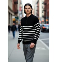 Erkek Oversize Kalıp Lacivert Çizgili Polo Yaka Triko Kazak Kışlık Rahat Selanik Dokuma Akrilik