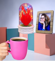 Pembe Kupa Bardak, Renkli Işıklı Fanus ve Fotoğraf Premium Hediye Set (Model 6)