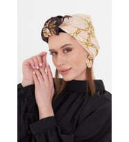 Bej Pratik Hazır Geçmeli Tesettür Bone Kesik Elyaf Retro Desenli 2409_12