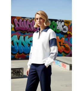 Kadın Polo Yaka Düşük Kol Renk Bloklu Örme Sweatshirt Fonksiyonel Dayanıklı Kaliteli Rahat