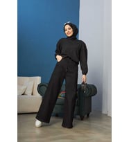 1123-Denim Bağcıklı Bol Paça Pantolon Siyah