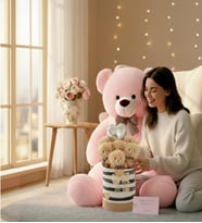 Premium 90 cm Peluş Ayı ve Silindir Kraft Kalpli Kutuda, Kalpli Balonlu 6’lı BOZ Ayıcık Buketi (Pembe)