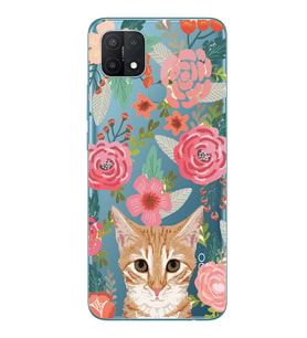 Oppo A15 / A15S Uyumlu Kedi ve Çiçek Desenli Şeffaf Telefon Kılıfı