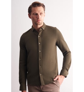 Haki Uzun Kol Düğmeli Yaka Kendinden Desenli Pamuklu Slim Fit Gömlek 1004255267