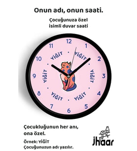 İsme Özel Sevimli Kedi Çocuk Odası Duvar Saati Orta Boy 30 cm Siyah Camlı Sessiz