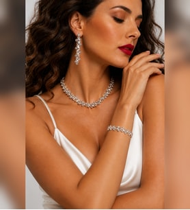 Gümüş Kaplama Stylish Taşlı Su Yolu 3' lü Set Choker Kolye, Bileklik ve Küpe Taşlı Set