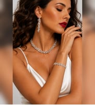 Gümüş Kaplama Stylish Taşlı Su Yolu 3' lü Set Choker Kolye, Bileklik ve Küpe Taşlı Set