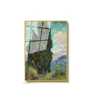 Dikey Çerçeveli Cam Vangogh Cypresses Modern Ev Dekoru Duvar Sanatı Ev Ofis Tablosu (Altın)
