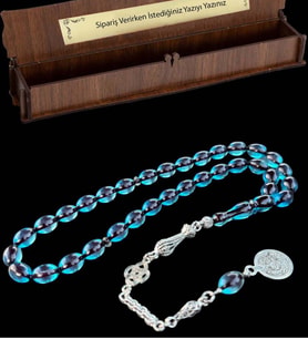 Sertifikalı Usta Işçilikli Sıkma Turkuaz Ateş Kehribar Tesbih Hediyelik Ahşap Kutulu