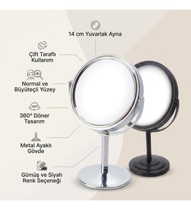 Ayaklı Çift Taraflı Makyaj Aynası, Normal ve Büyüteçli Yüzey, 360° Döner Metal Masa Üstü Bakım ve Tıraş Aynası, 14 cm