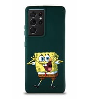Samsung Galaxy S21 Ultra Soft Premier Kapak Sünger Bob Tasarımlı Silikon Kılıf - Yeşil (Şeffaf)