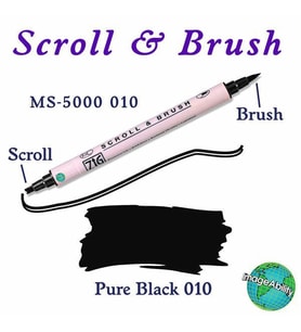 Zig Scroll & Brush Çift Çizgi ve Fırça Uçlu Kaligrafi ve Gölgeleme Kalemi 010 Pure Black 