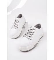 Muggo CARİNA Kalın Taban Keten Kumaş Bağcıklı Kadın Günlük Sneaker Spor Ayakkabı (Beyaz)