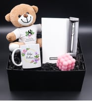 Kişiye Özel Peluş Ayıcık & Beyaz Defter &  Beyaz Touch Pen & Mor Çiçek Kupa & Pembe Bubble Mum Hediye Seti
