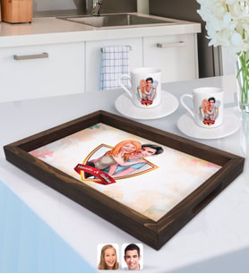BK Gift Kişiye Özel İsimli Sevgililer Karikatürlü Doğal Ahşap Tepsi ve 2’li Kahve Fincan Seti-85