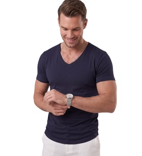 DeepSEA Lacivert Erkek Slim Fit Derin V Yaka Basic Tişört %90 Pamuk Likralı Asimetrik Kesim 2602265