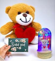 Muhteşem Hediye Seti Kalpli Sevimli Peluş Ayıcık, Senin İçin Kartı ve Renkli Led Işıklı Fanus (Model 7)