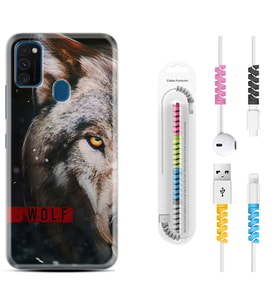 Samsung M21 M22 M23 M30 M31S M32 Kılıf Kablo Koruma Spiral Silikon Wolf Eyes 1758