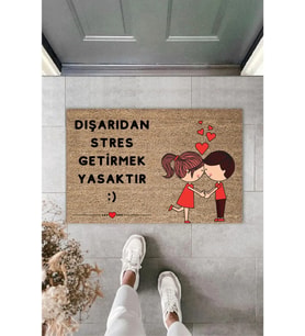Dışarıdan Stres Getirmek Yasaktır Sevimli Çift Temalı Kapı Önü Paspası