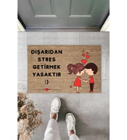 Dışarıdan Stres Getirmek Yasaktır Sevimli Çift Temalı Kapı Önü Paspası