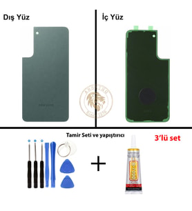 Samsung Galaxy S22 Plus Yeşil Renk Arka Kapak + Tamir Seti + B7000 Yapıştırıcı Arka Cam Batarya Kapağı Pil Kapağı Lazer Kesim Back Cover Galaxy S22 Plus Uyumlu