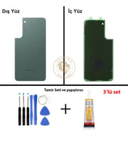 Samsung Galaxy S22 Plus Yeşil Renk Arka Kapak + Tamir Seti + B7000 Yapıştırıcı Arka Cam Batarya Kapağı Pil Kapağı Lazer Kesim Back Cover Galaxy S22 Plus Uyumlu