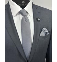 PİERRONİ Gri Kravat Mendill Yaka Çiçeği Kombin Set