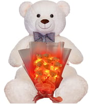 Premium 90 cm Peluş Ayı ve LED Işıklı 9'lu Kırmızı Yumoş Peluş Ayıcık Buketi (Beyaz)