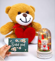 Kalpli Sevimli Peluş Ayıcık, Senin İçin Kartı ve Led Işıklı Fanus Seti (Model 5)